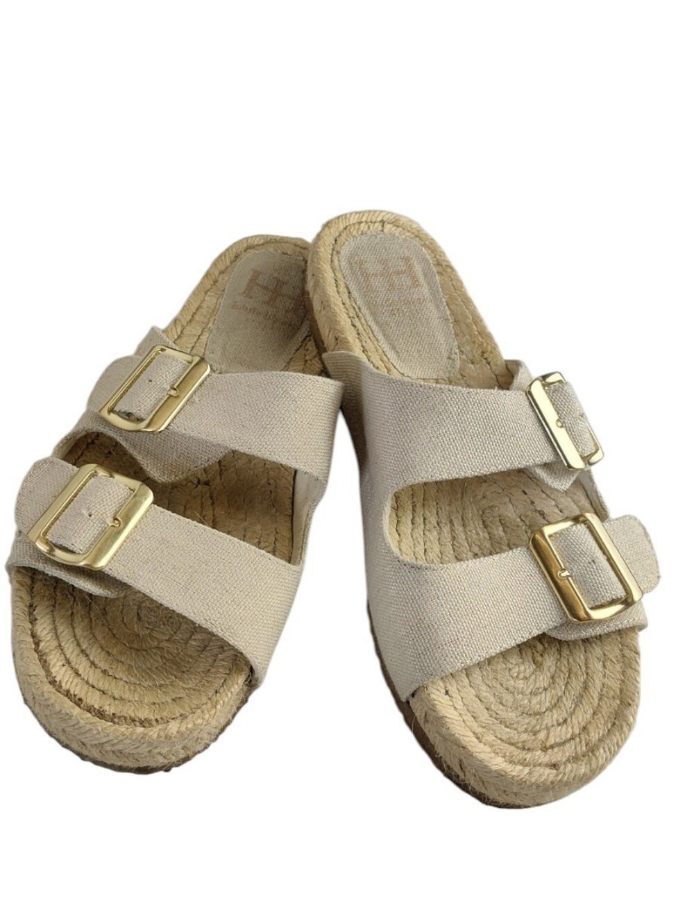 Haute Hippie Beige Canvas Double Buckle Espadrille Slide Sandals Size 8.5